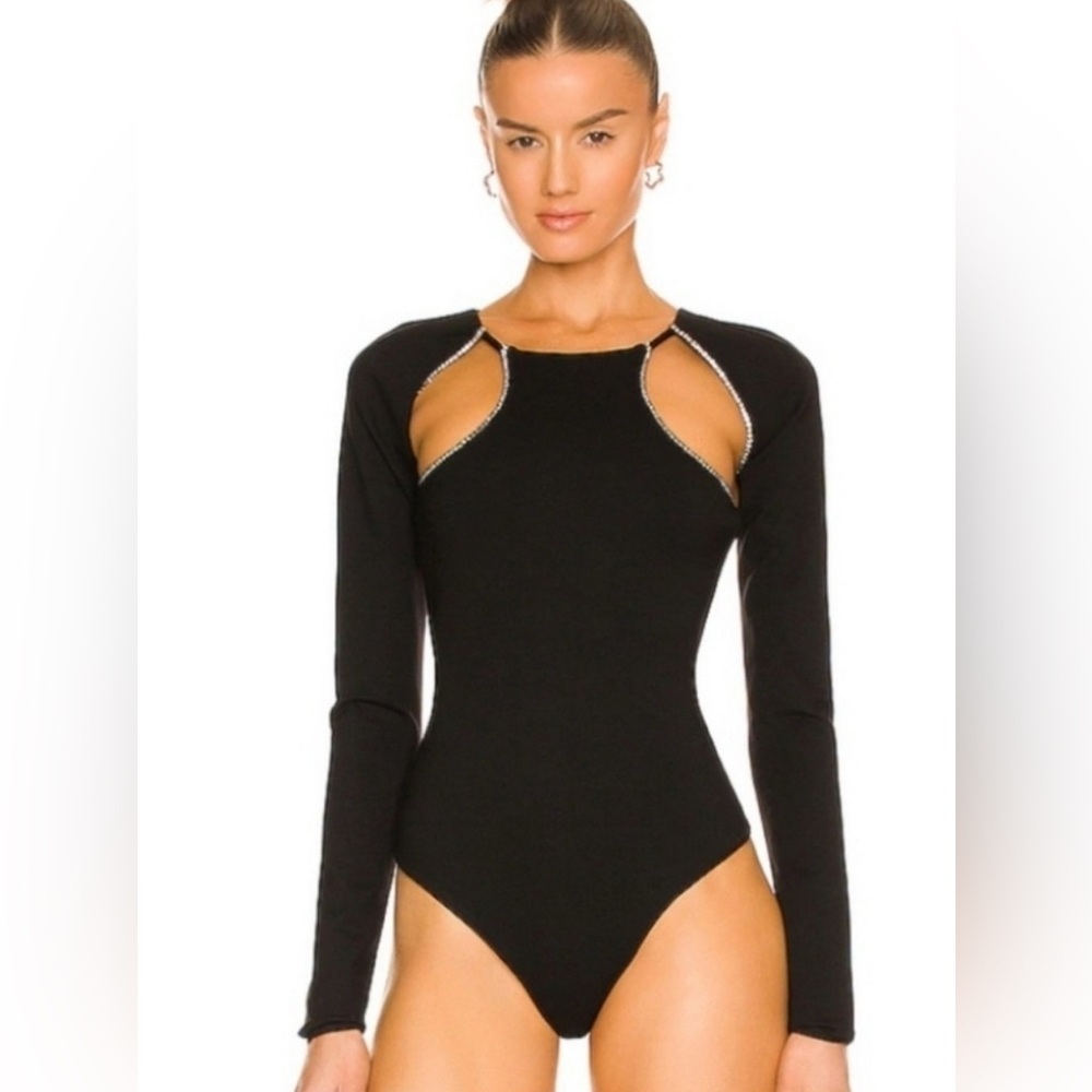 REVOLVE Black Long Sleeve Cutout Bodysuit with Rhinestone Trim